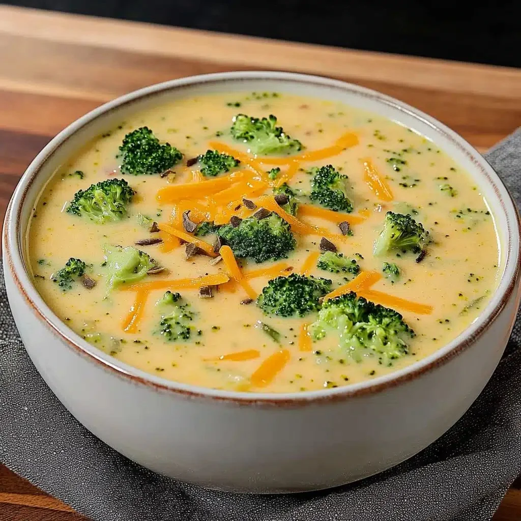 Creamy broccoli cheddar soup served in a bowl with fresh herbs on top