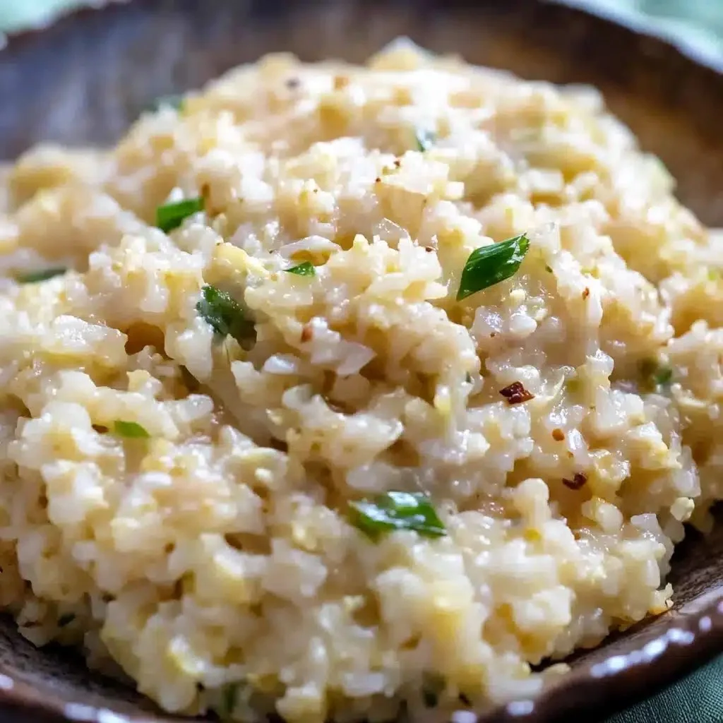bowl of creamy cheesy cauliflower rice garnished with herbs