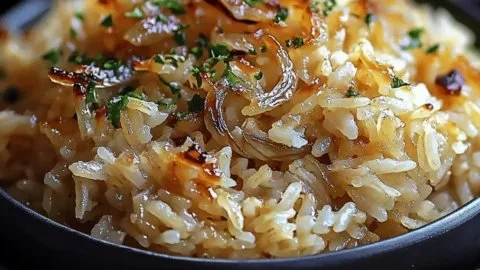 Creamy French onion butter rice dish garnished with herbs