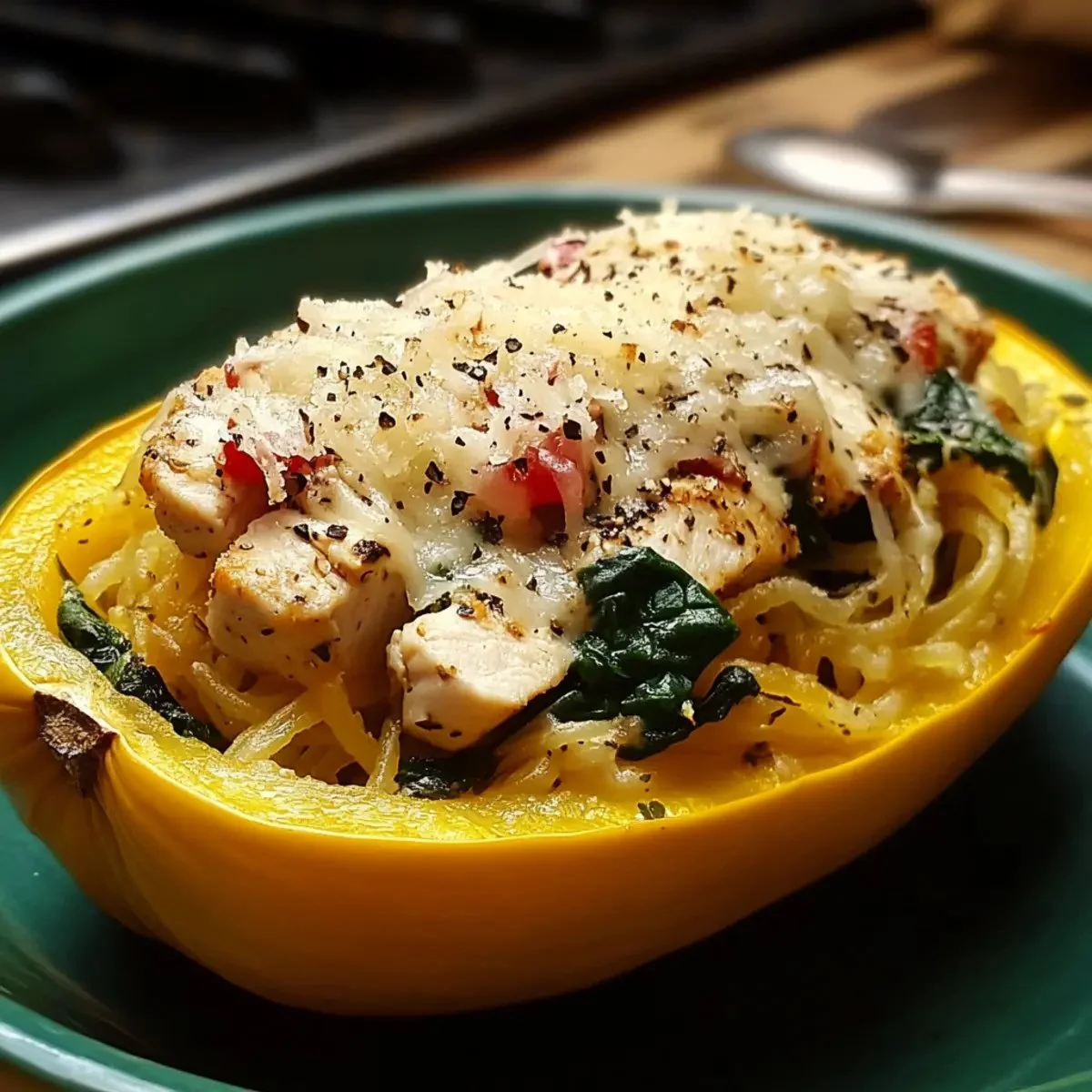Creamy garlic parmesan stuffed spaghetti squash ready to serve in a baking dish