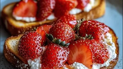 Creamy roasted strawberry whipped ricotta toast topped with fresh strawberries