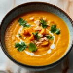 Bowl of creamy sweet potato curry soup with herbs and spices