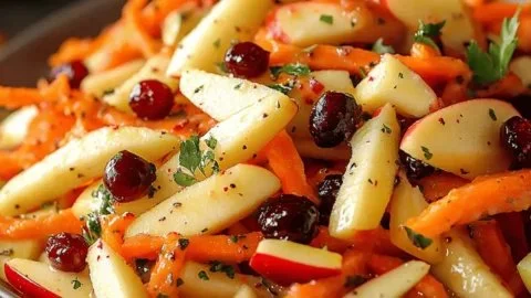 A vibrant apple cranberry carrot salad served in a bowl, showcasing its colorful ingredients.