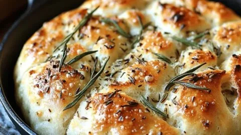 Rustic garlic rosemary skillet bread fresh out of the oven