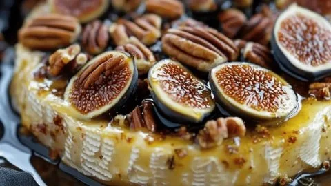 Irresistibly indulgent fig and pecan baked brie delight served with crackers