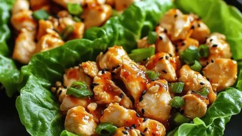 Juicy chicken lettuce wraps with Thai chili sauce on a plate