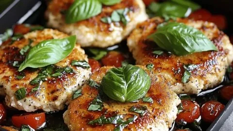 Juicy Italian Basil Chicken Cutlets served with fresh herbs and lemon.