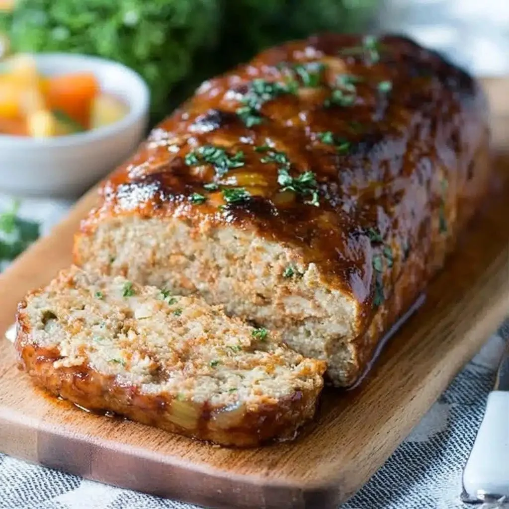 Deliciously moist chicken meatloaf served with herbs and vegetables