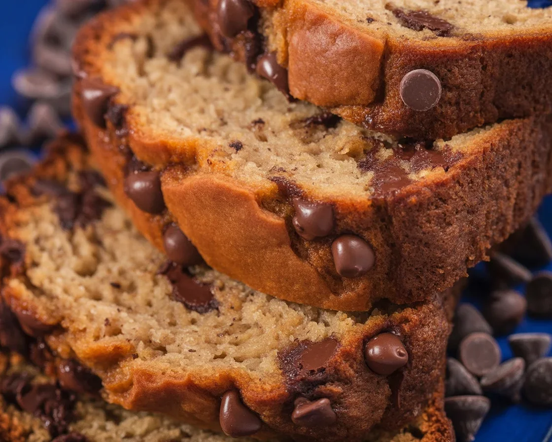 Loaf of moist chocolate chip banana bread fresh out of the oven, garnished with chocolate chips.