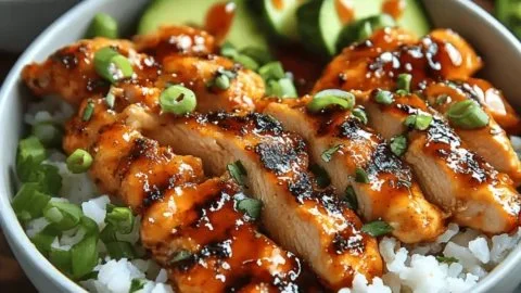 Bowl of spicy honey-ginger chicken topped with Yum Yum sauce