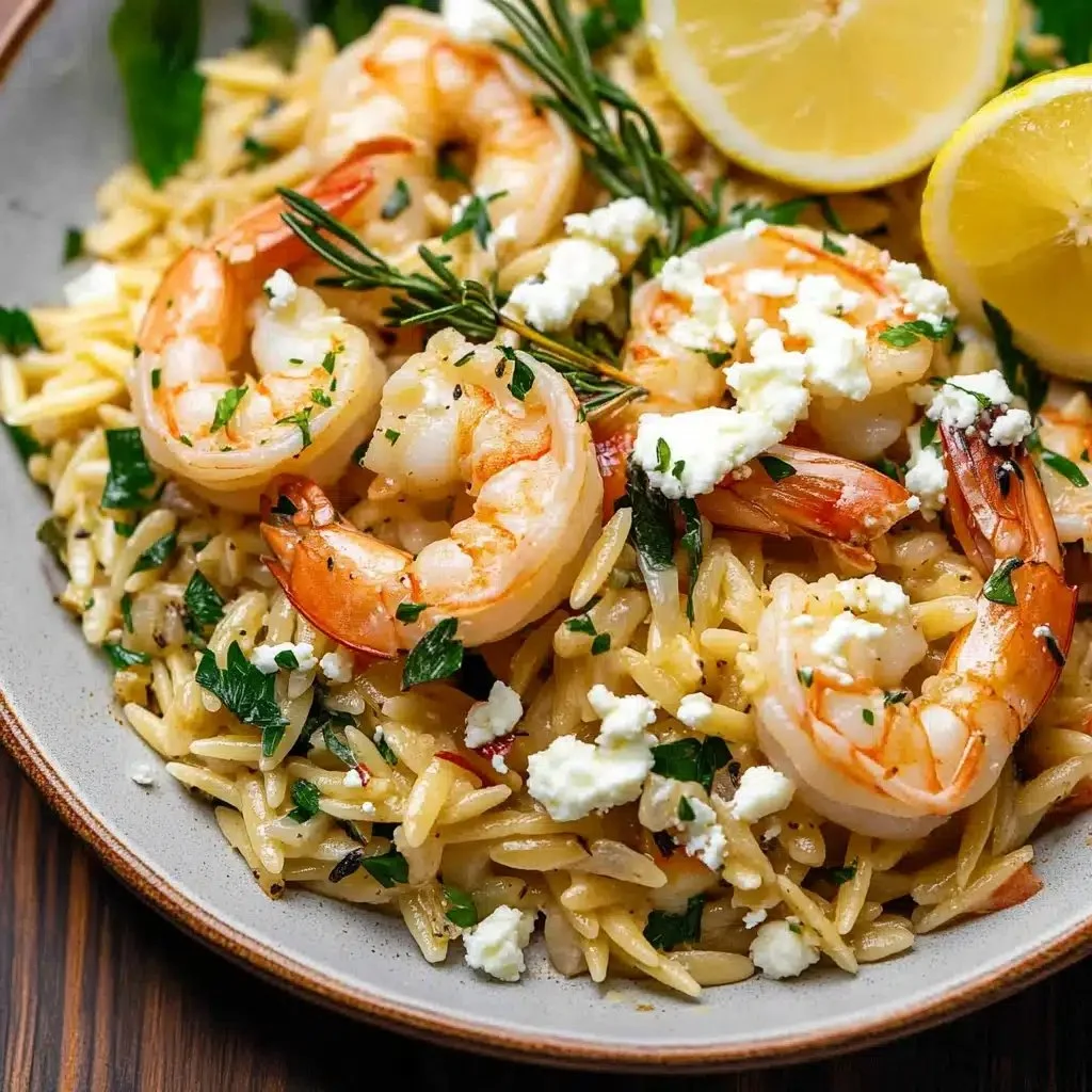 Delicious lemon feta orzo with roasted shrimp on a plate, garnished with herbs.