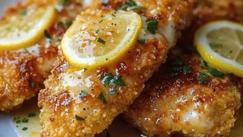 Irresistibly zesty lemon pecorino crispy chicken plated on a dish