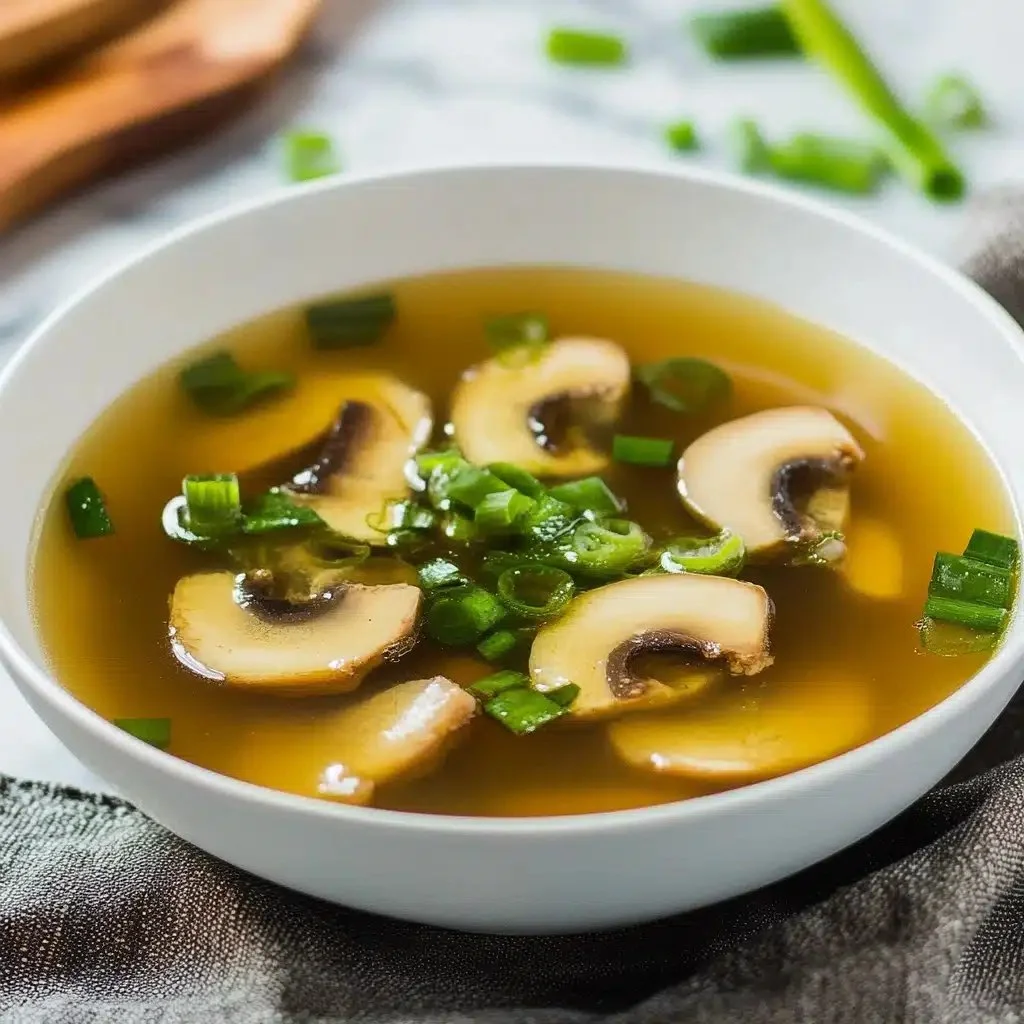 Bowl of Japanese clear soup with vegetables and tofu garnished with green onions