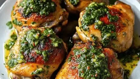 Grilled chimichurri chicken thighs with fresh herbs and spices