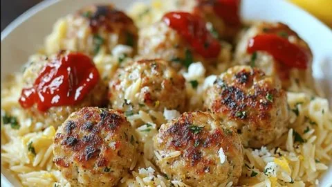 Juicy Greek chicken meatballs served with zesty lemon orzo on a plate