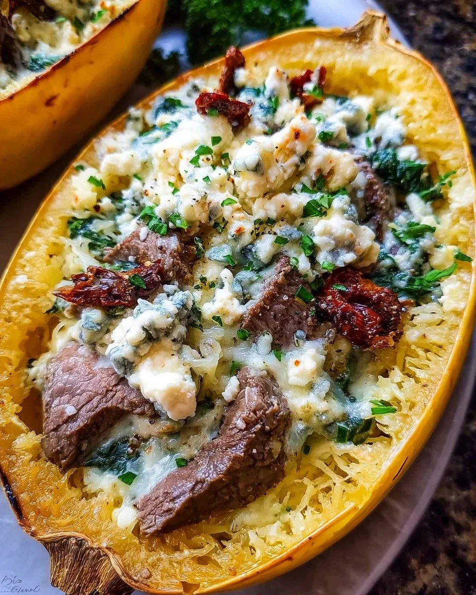 Keto Alfredo with steak and Gorgonzola over spaghetti squash
