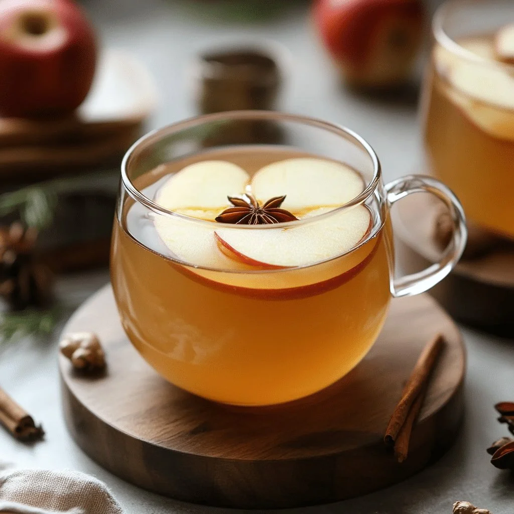 A warm cup of Korean Apple Ginger Tea with slices of apple and ginger root.