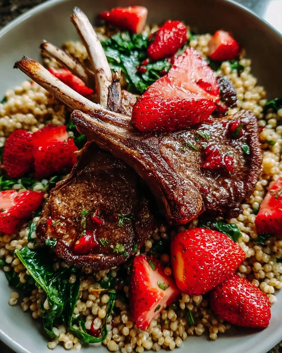 Delicious lamb chops served with buckwheat and black pepper strawberries.