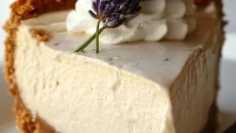 Delicious Lavender Cheesecake topped with edible flowers and fresh berries.
