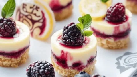 Lemon Berry Swirl Mini Cheesecakes on a dessert plate