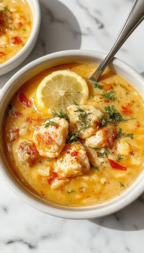 Bowl of Lemon Chicken Orzo Soup garnished with fresh herbs and lemon slices