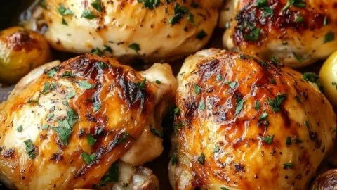 Lemon Garlic Spatchcock Chicken ready to serve on a plate