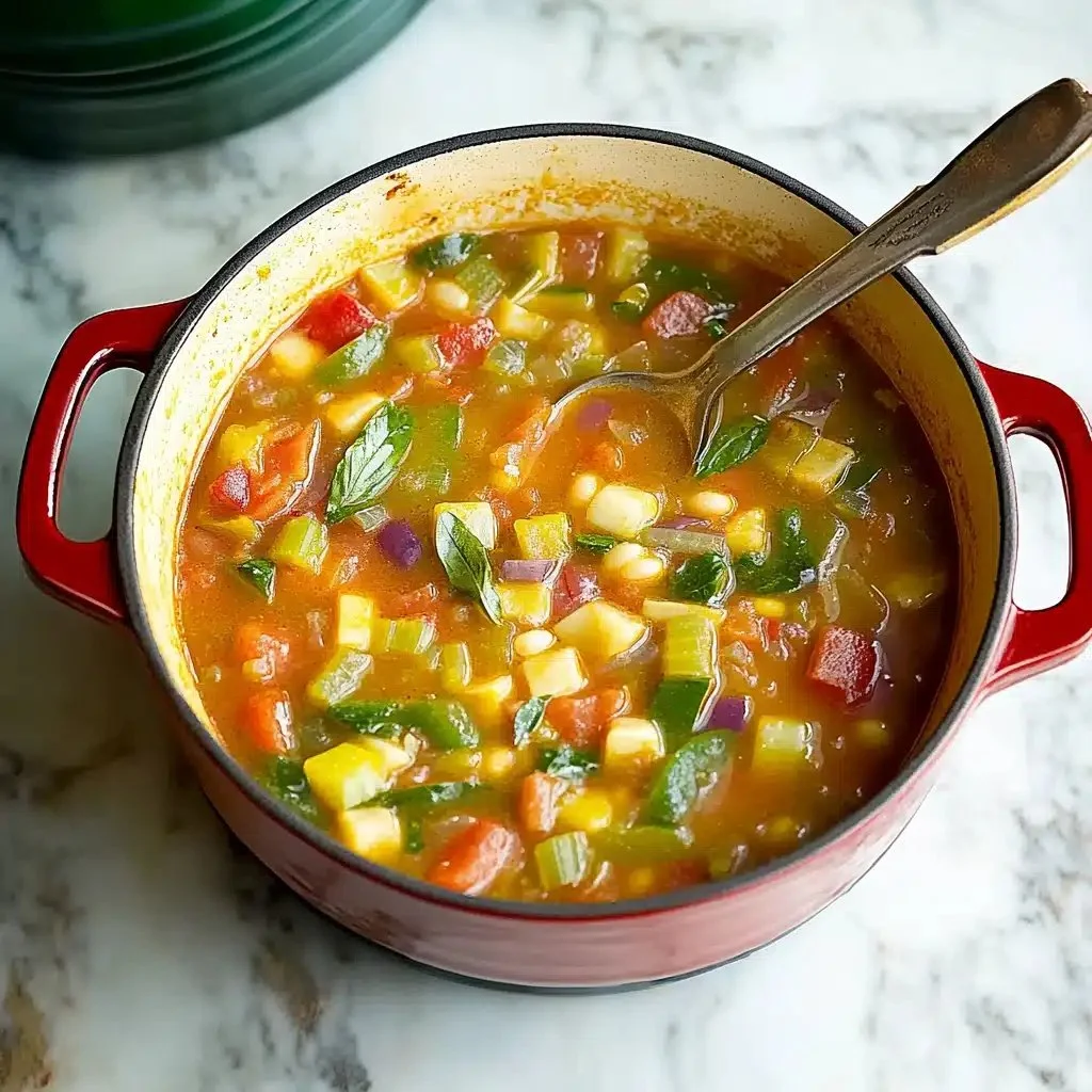 Bowl of light summer minestrone soup with fresh vegetables and herbs