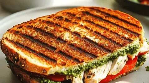 Delicious loaded chicken pesto panini with fresh ingredients and a crispy exterior.