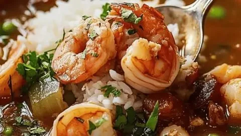 A bowl of Louisiana Seafood Gumbo with shrimp, crab, and vegetables