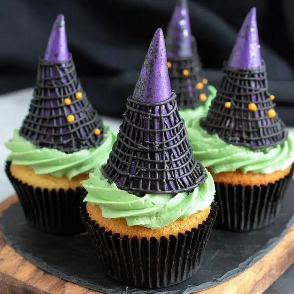 Delicious witch hat cupcakes decorated for Halloween party