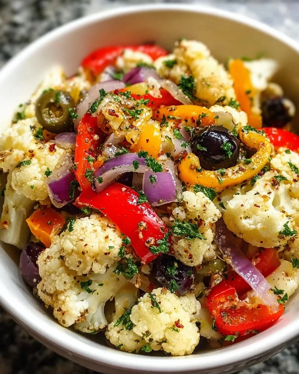 Delicious marinated cauliflower salad served in a bowl with herbs and spices