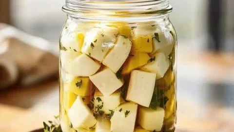 Homemade marinated cheese in a mason jar with herbs and spices