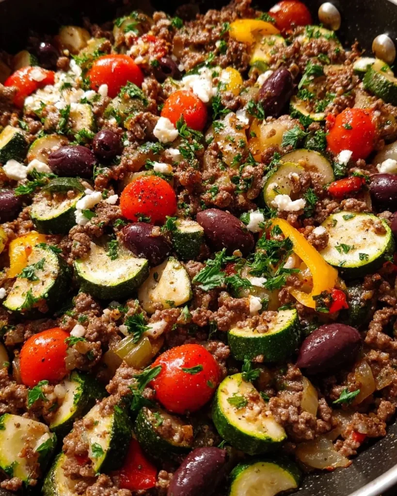 Delicious Mediterranean ground beef stir-fry with fresh vegetables and spices.