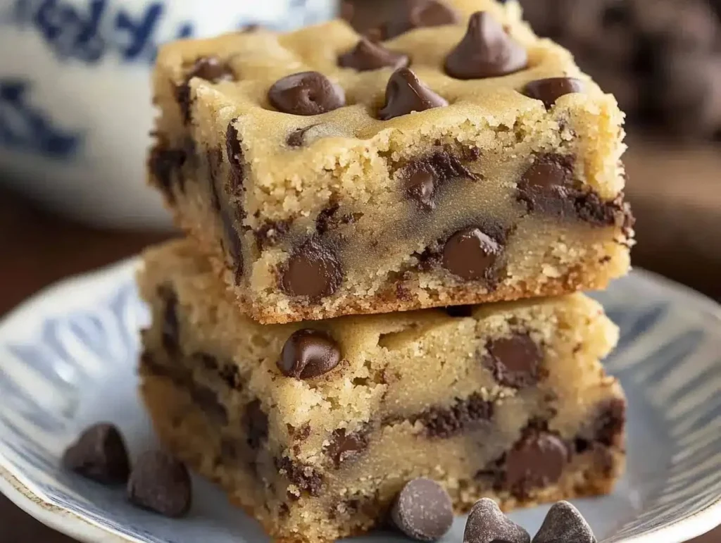 Delicious melt-in-your-mouth chocolate chip cookie bars on a plate