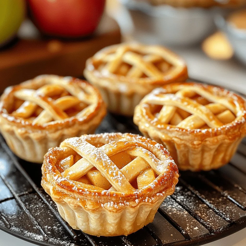 Mini apple pies baked with sweet, spiced apple filling on a wooden table