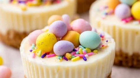 Delicious mini cheesecakes topped with fresh fruit and whipped cream