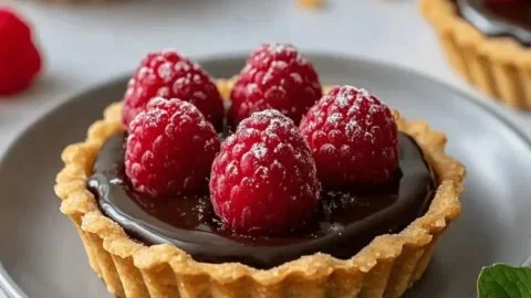Mini chocolate raspberry tarts garnished with fresh raspberries and chocolate drizzle