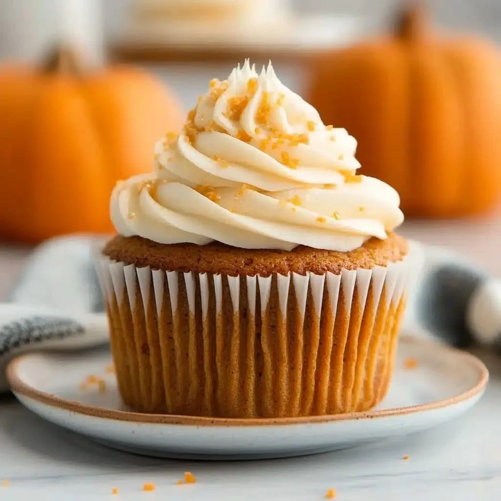 Moist and flavorful pumpkin cupcakes topped with cream cheese frosting