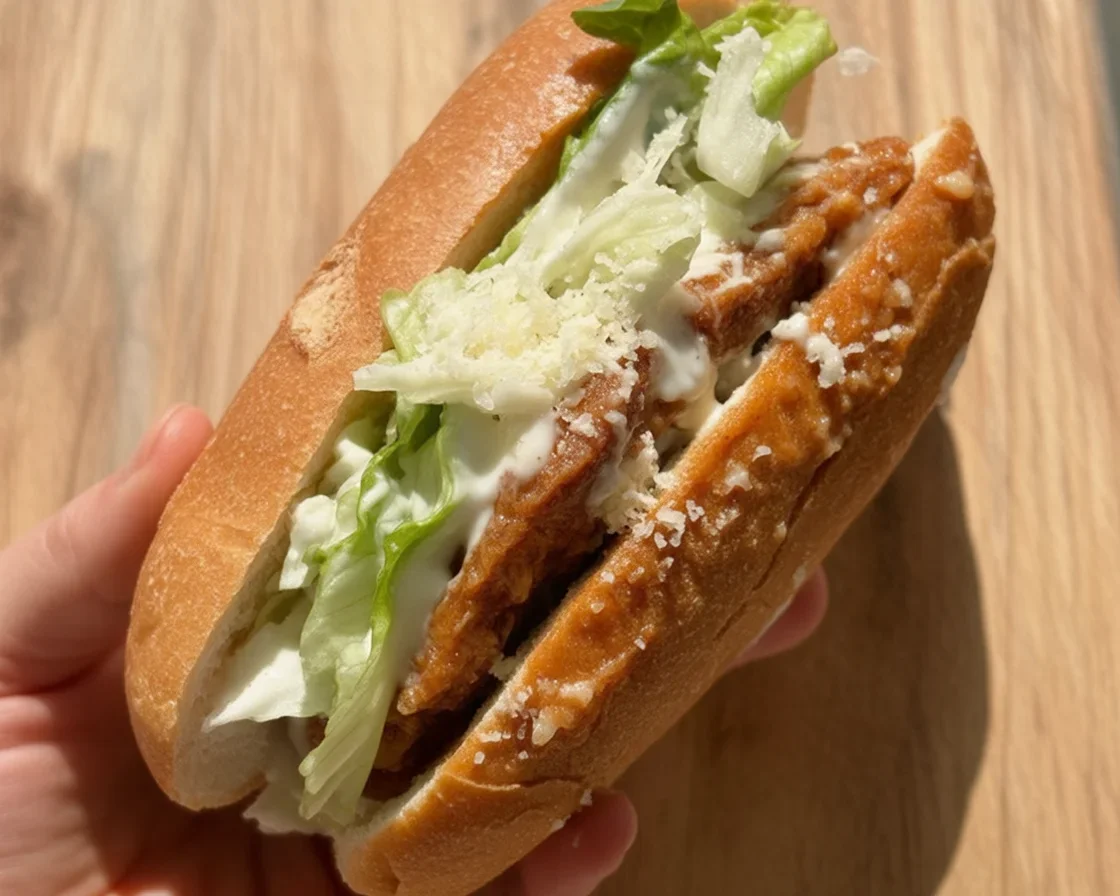 Crispy Chicken Caesar Sandwich with golden chicken, creamy dressing, and romaine lettuce.