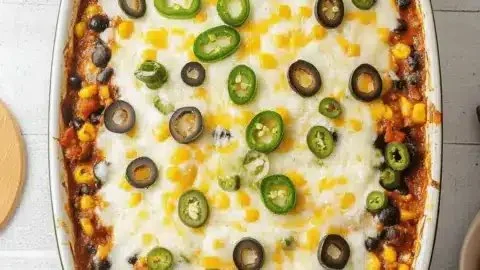 Delicious Mexican casserole topped with cheese and fresh herbs for family dinners