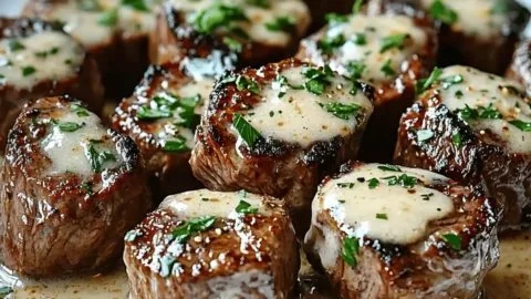 Delicious steak bites in garlic butter with creamy parmesan sauce