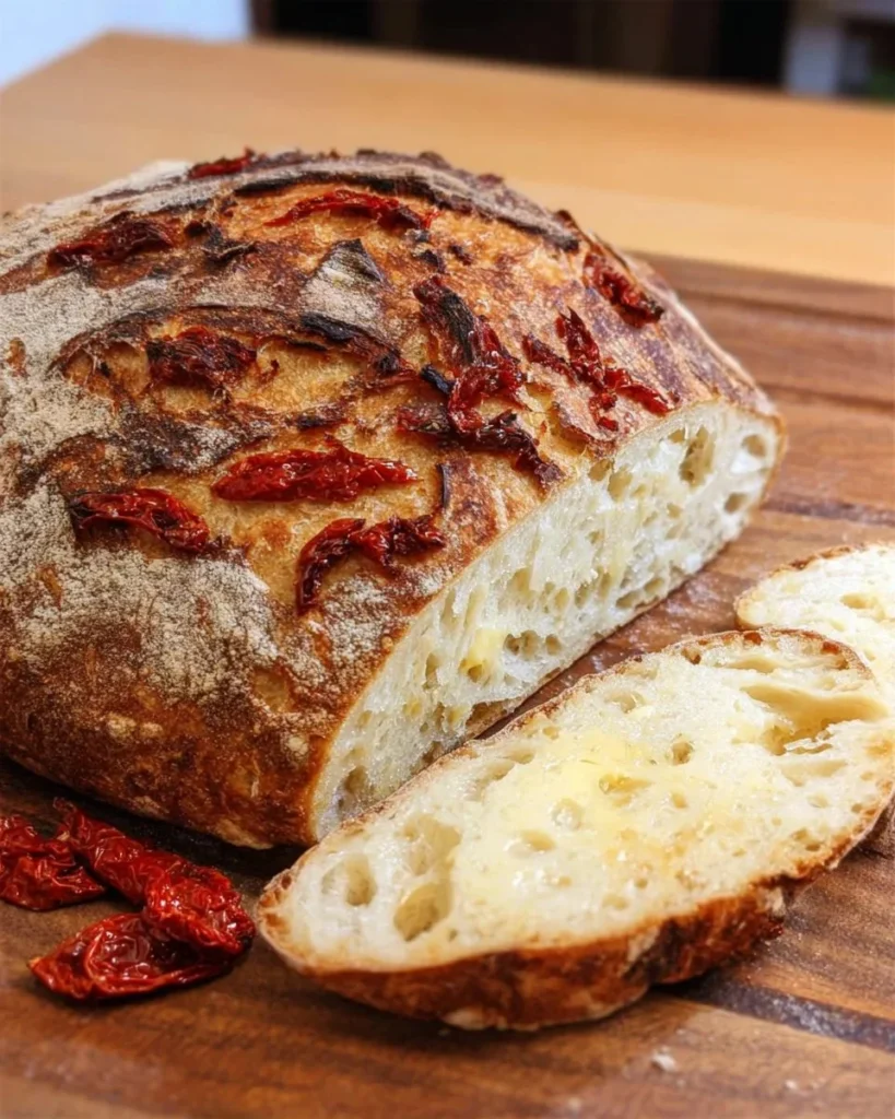 Homemade mozzarella and sun-dried tomato sourdough bread on a wooden cutting board.