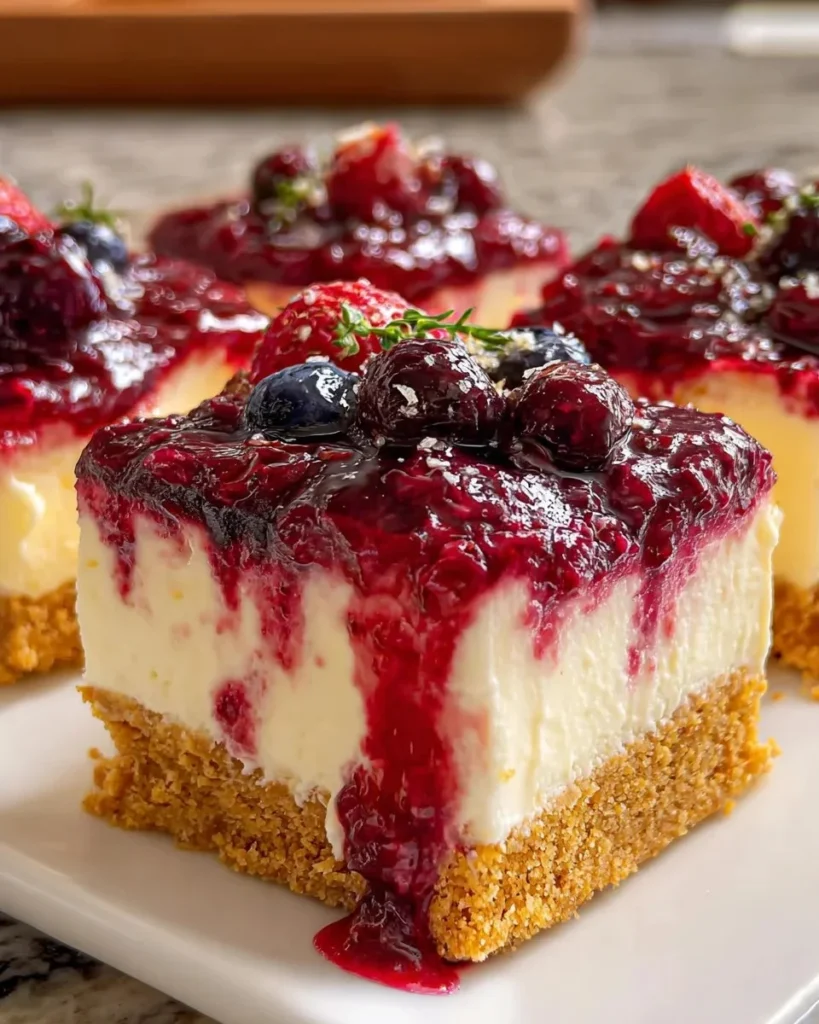 Delicious no bake berry cheesecake bars topped with fresh berries