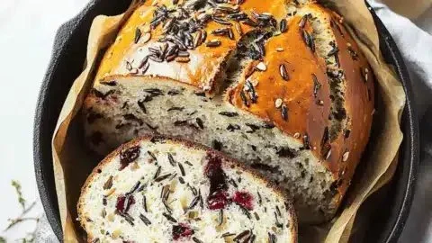 No-Knead Cranberry Wild Rice Bread fresh out of the oven, perfect for holidays