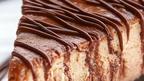 Delicious Nutella Cheesecake topped with chocolate and hazelnuts