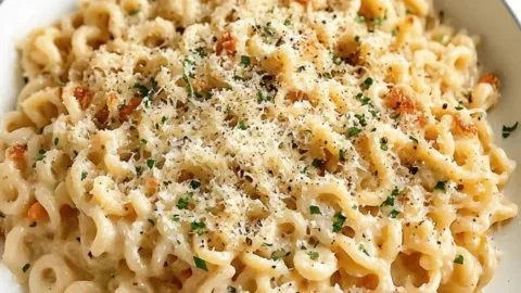 One-Pan Butter Parmesan Pasta dish garnished with parsley and grated cheese