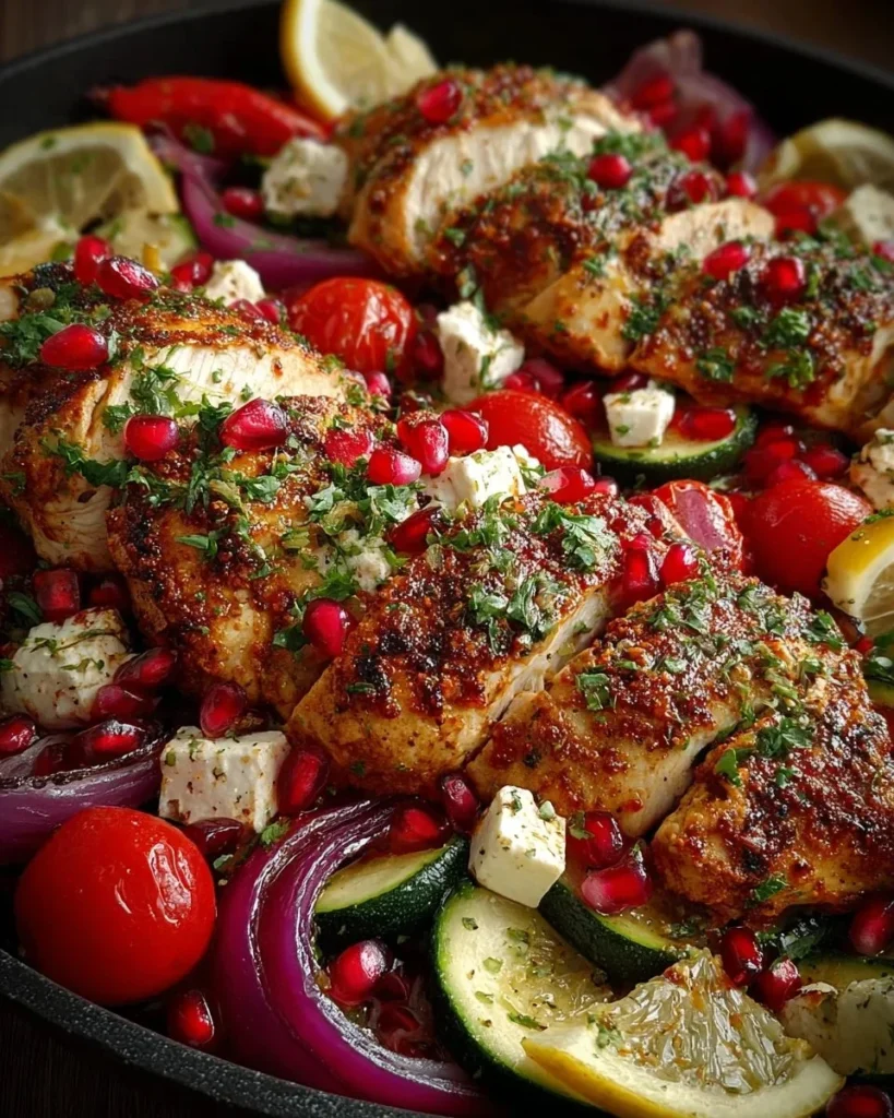 One-Pan Chicken Feta Pomegranate dish served with fresh ingredients.