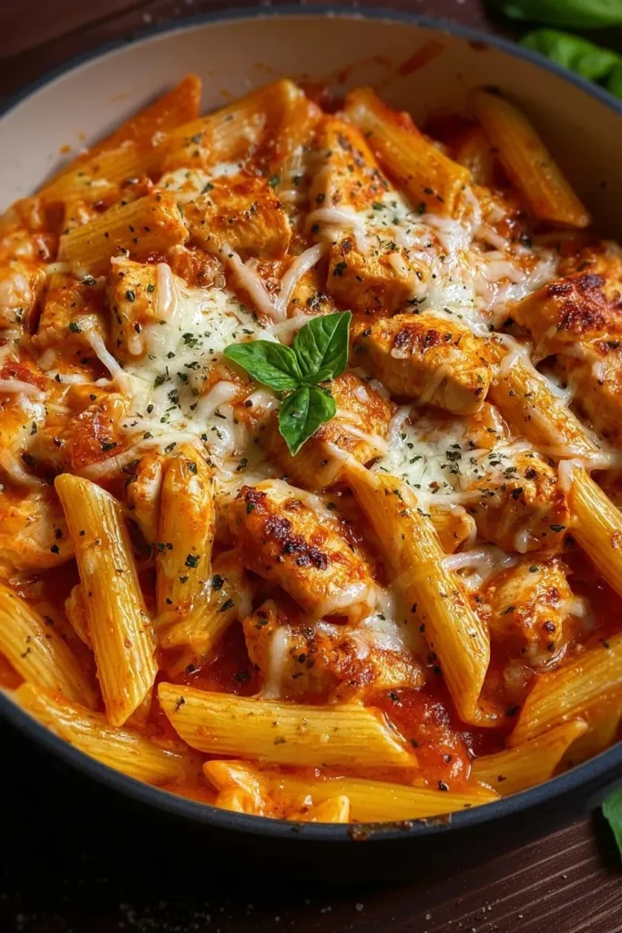 One-Pot Chicken Parmesan Pasta in a serving bowl, garnished with parsley.