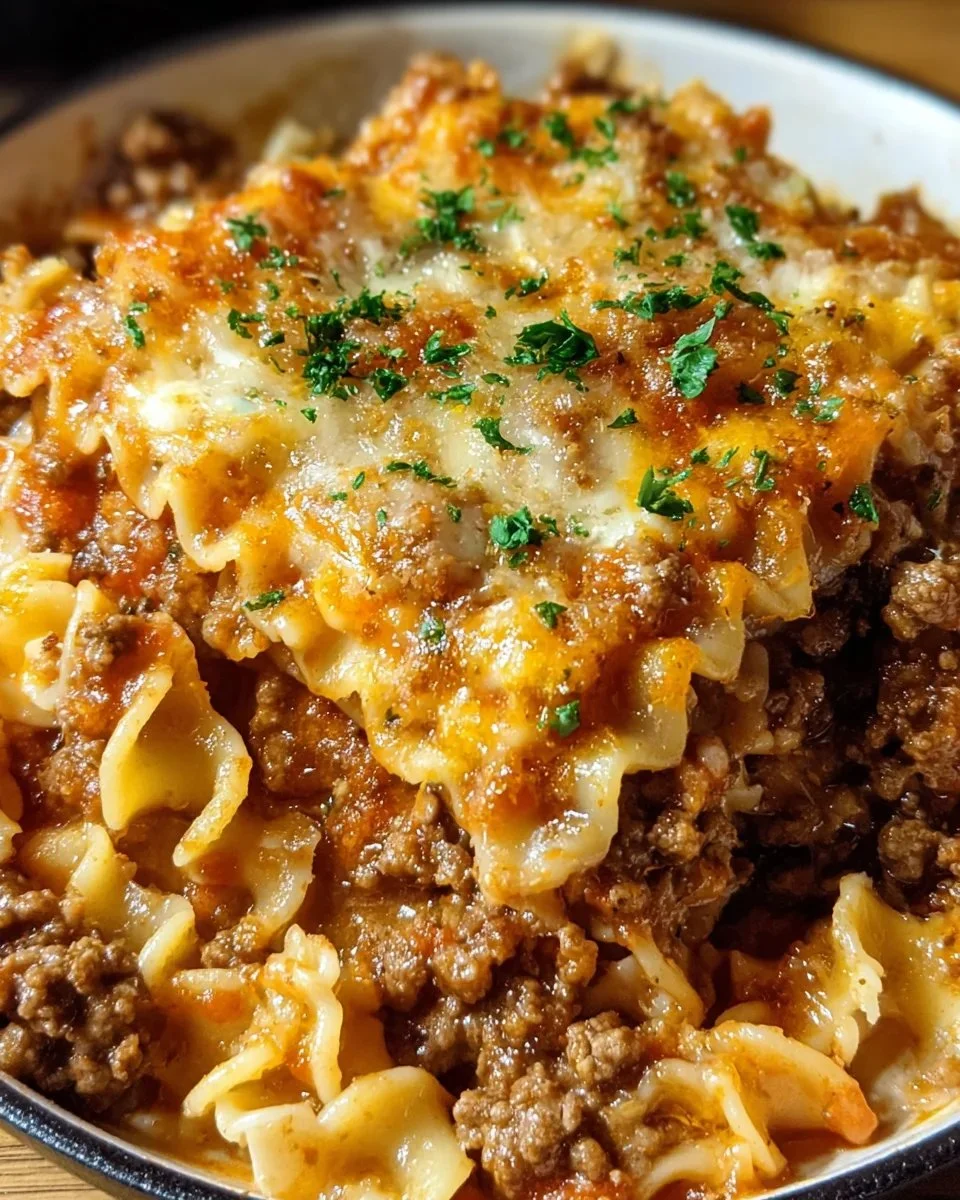 Delicious one pot hamburger lasagna with melted cheese and savory beef.