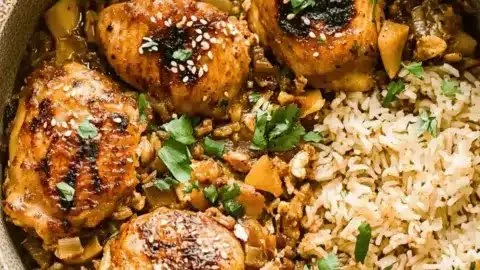 One Pot Hawaiian Chicken and Coconut Rice served in a bowl, ready for dinner.